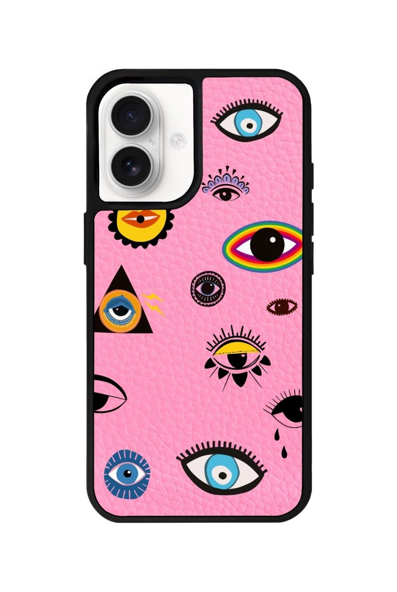 iPhone 16 Eye Stickers Leather Vegan Deri Telefon Kılıfı Pembe - SUMTHINCS