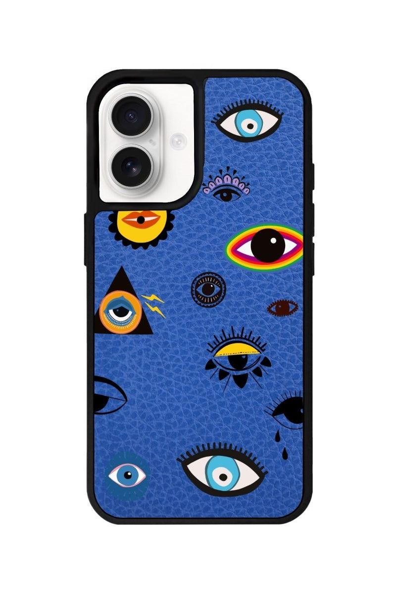 iPhone 16 Eye Stickers Leather Vegan Deri Telefon Kılıfı Mavi - SUMTHINCS