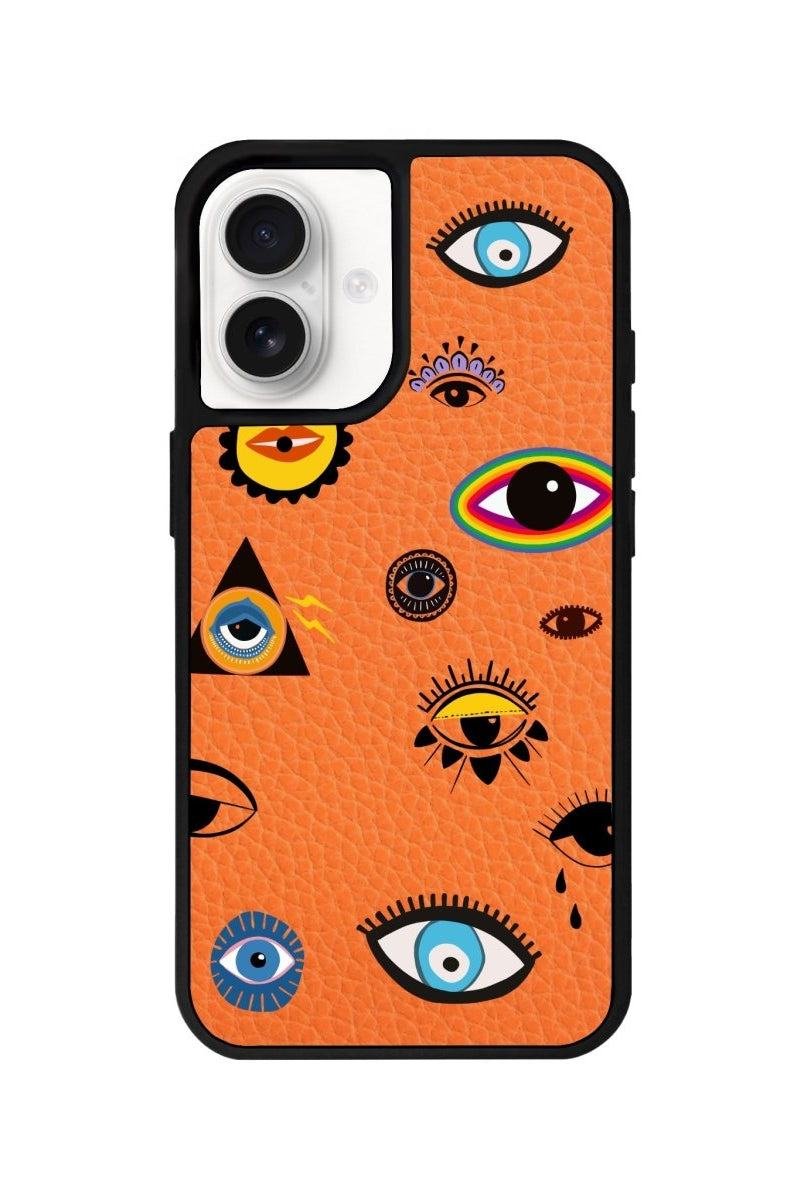 iPhone 16 Eye Stickers Leather Vegan Deri Telefon Kılıfı Turuncu - SUMTHINCS