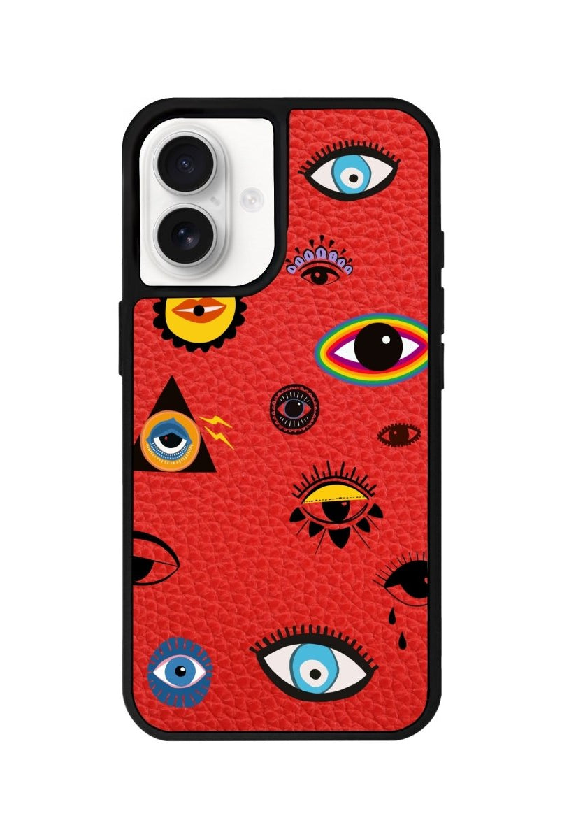 iPhone 16 Eye Stickers Leather Vegan Deri Telefon Kılıfı Kırmızı - SUMTHINCS