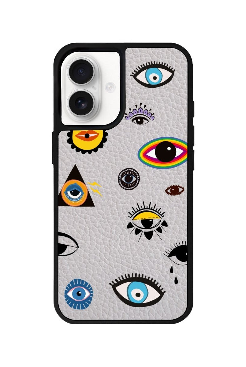 iPhone 16 Eye Stickers Leather Vegan Deri Telefon Kılıfı Gri - SUMTHINCS
