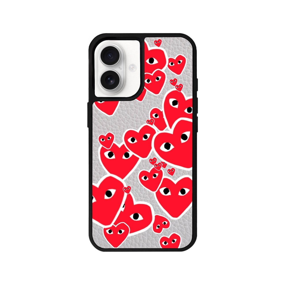iPhone 16 Hearts Leather Vegan Deri Telefon Kılıfı Gri - SUMTHINCS