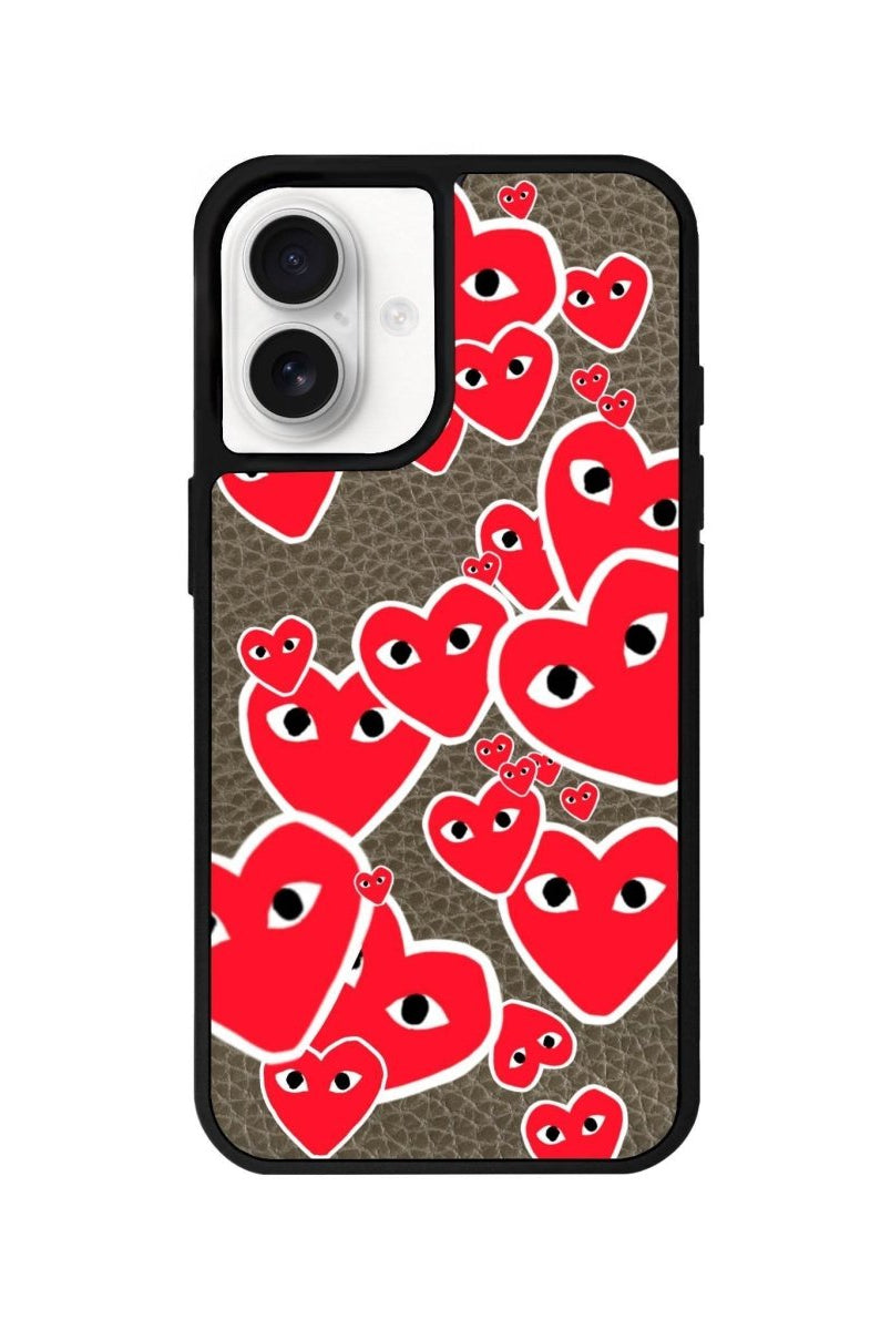 iPhone 16 Hearts Leather Vegan Deri Telefon Kılıfı Haki - SUMTHINCS
