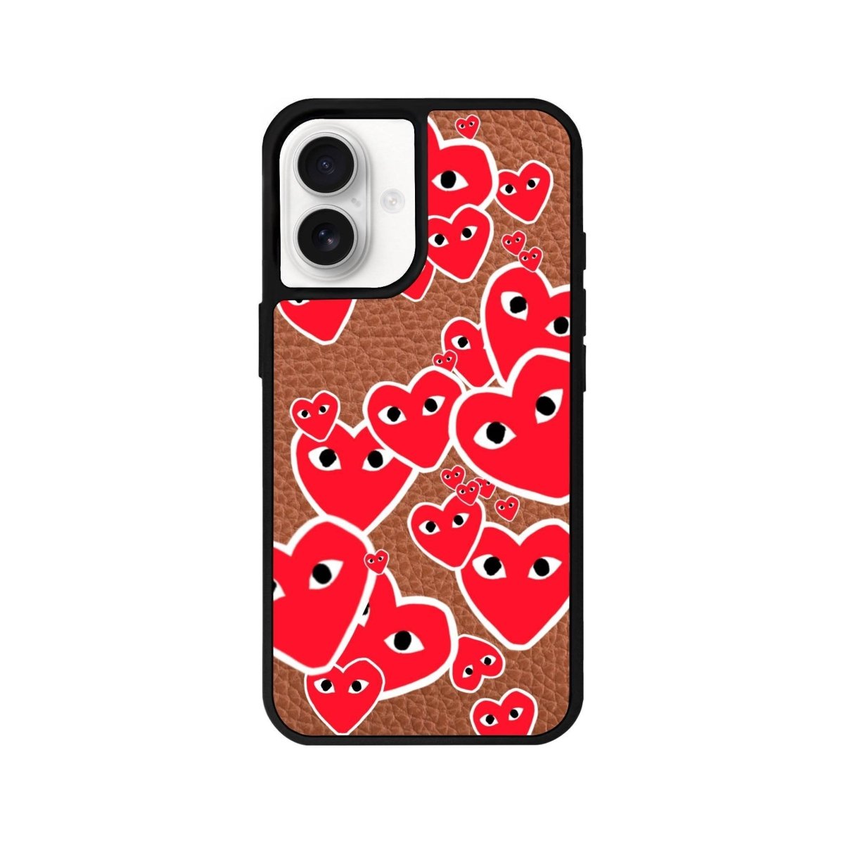 iPhone 16 Hearts Leather Vegan Deri Telefon Kılıfı Kahverengi - SUMTHINCS