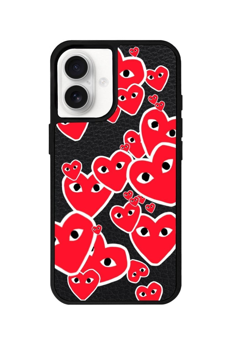 iPhone 16 Hearts Leather Vegan Deri Telefon Kılıfı Siyah - SUMTHINCS