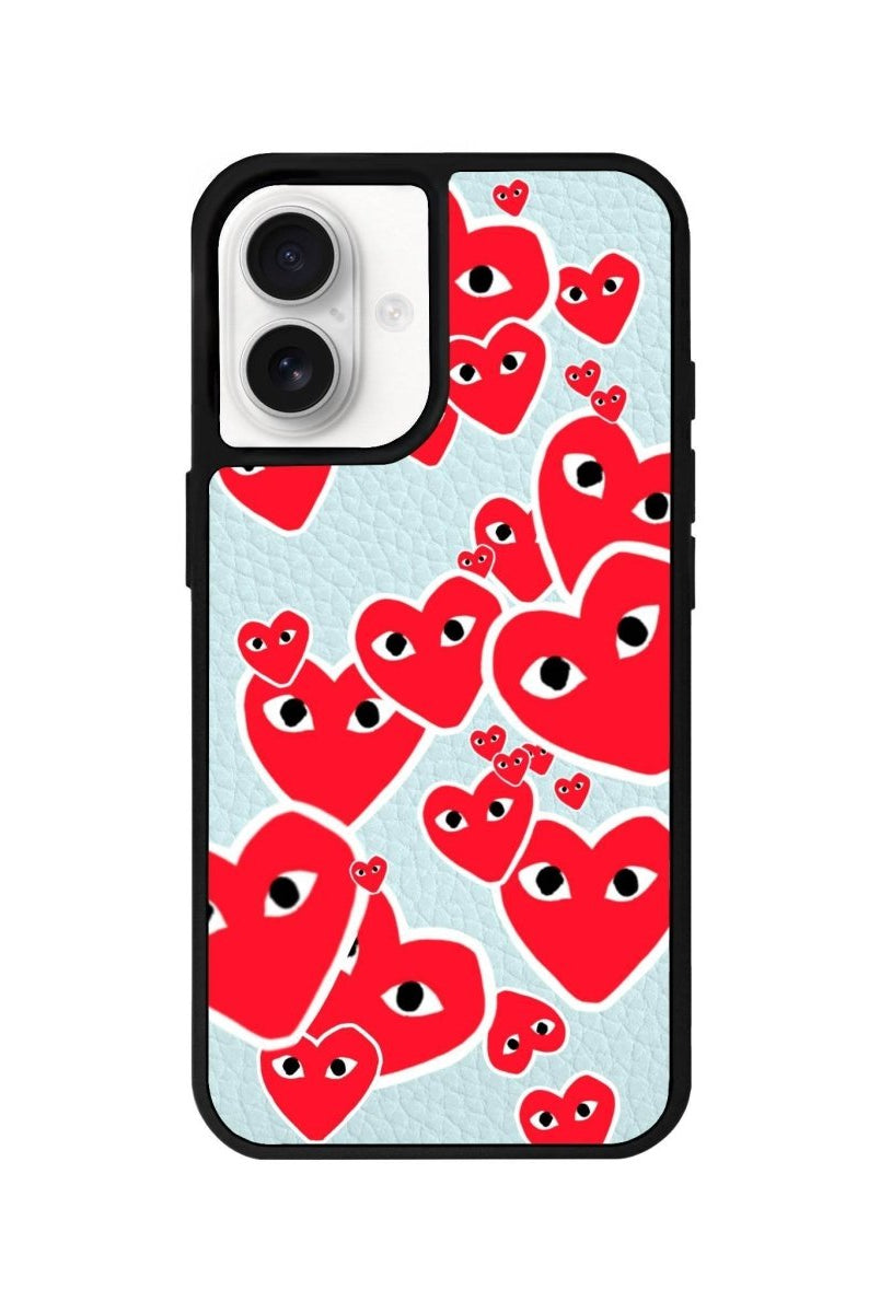 iPhone 16 Hearts Leather Vegan Deri Telefon Kılıfı Açık Mavi - SUMTHINCS