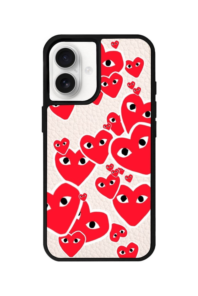 iPhone 16 Hearts Leather Vegan Deri Telefon Kılıfı Bej - SUMTHINCS