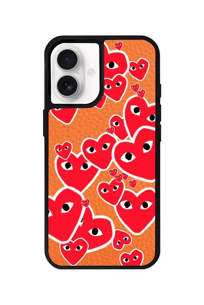 iPhone 16 Hearts Leather Vegan Deri Telefon Kılıfı Turuncu - SUMTHINCS