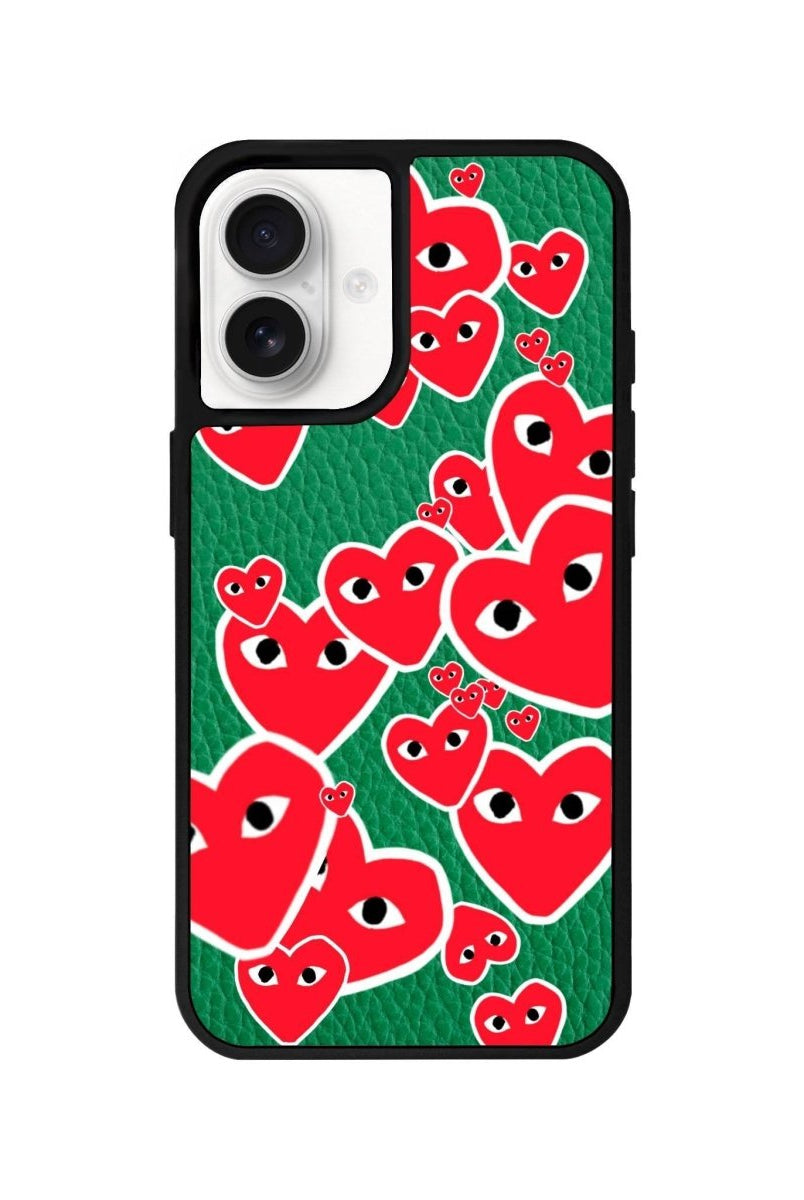 iPhone 16 Hearts Leather Vegan Deri Telefon Kılıfı Yeşil - SUMTHINCS