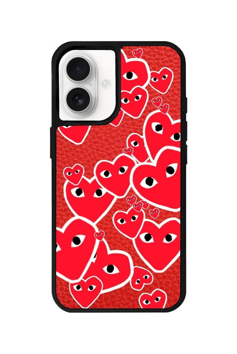 iPhone 16 Hearts Leather Vegan Deri Telefon Kılıfı Kırmızı - SUMTHINCS