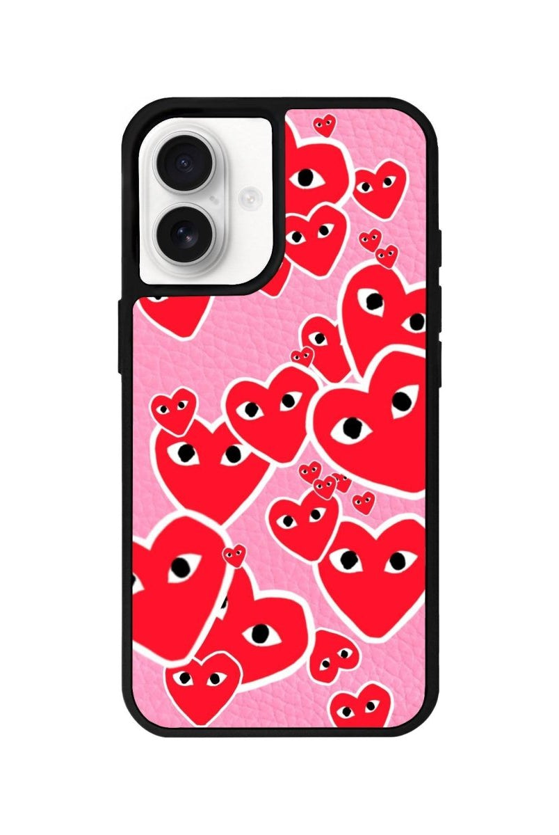iPhone 16 Hearts Leather Vegan Deri Telefon Kılıfı Pembe - SUMTHINCS