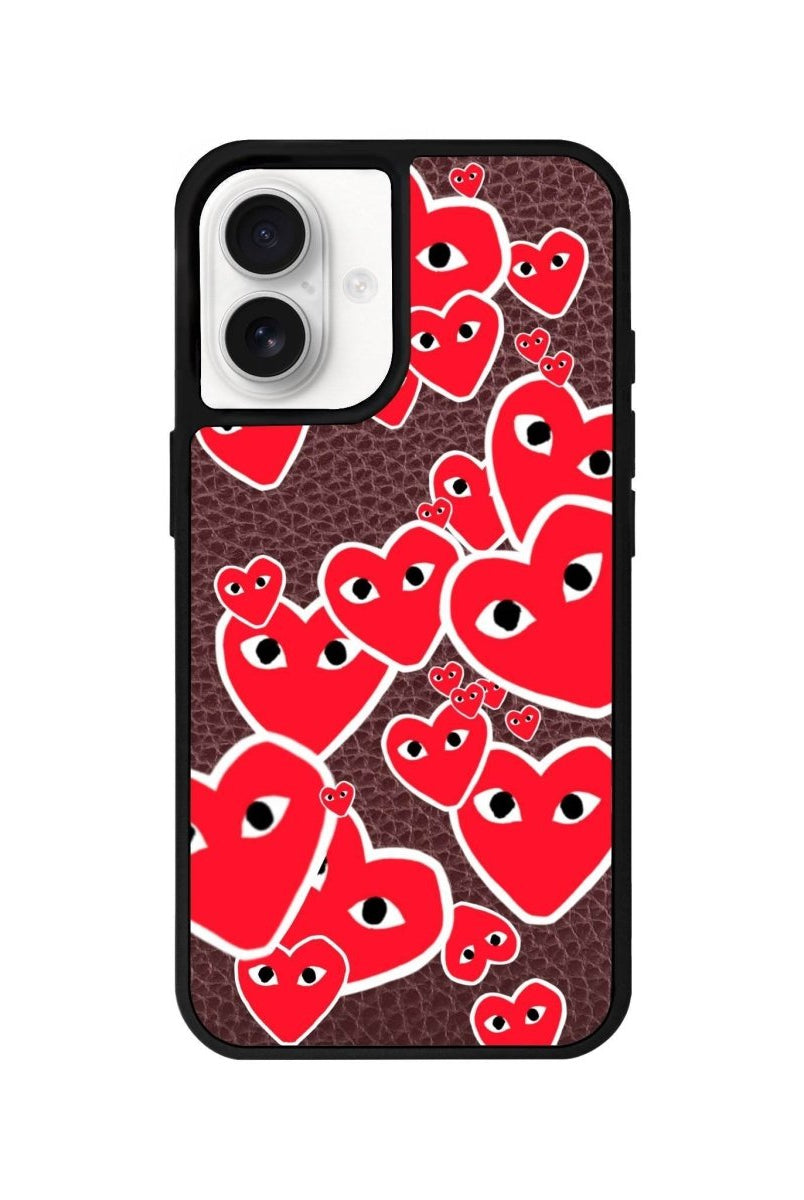 iPhone 16 Hearts Leather Vegan Deri Telefon Kılıfı Bordo - SUMTHINCS