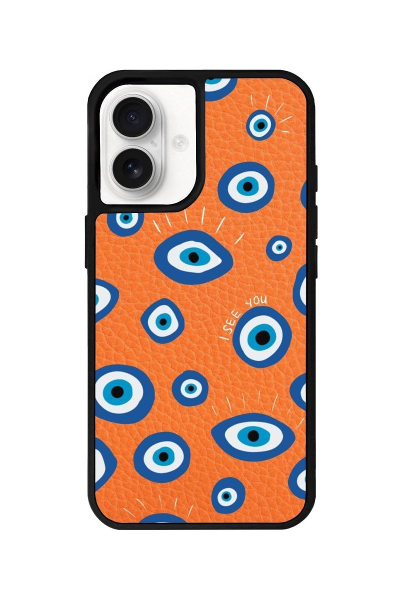iPhone 16 I See You Leather Vegan Deri Telefon Kılıfı Turuncu - SUMTHINCS