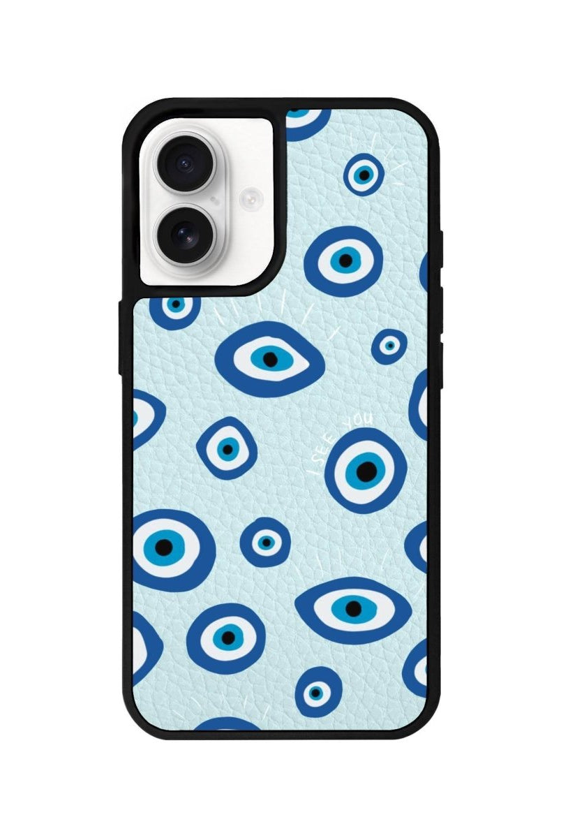 iPhone 16 I See You Leather Vegan Deri Telefon Kılıfı Açık Mavi - SUMTHINCS