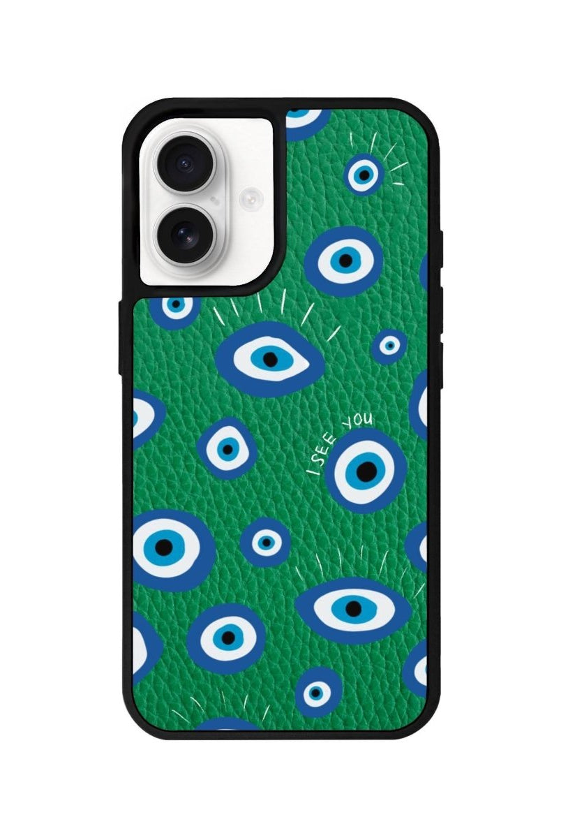 iPhone 16 I See You Leather Vegan Deri Telefon Kılıfı Yeşil - SUMTHINCS