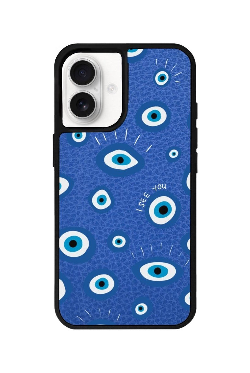 iPhone 16 I See You Leather Vegan Deri Telefon Kılıfı Mavi - SUMTHINCS