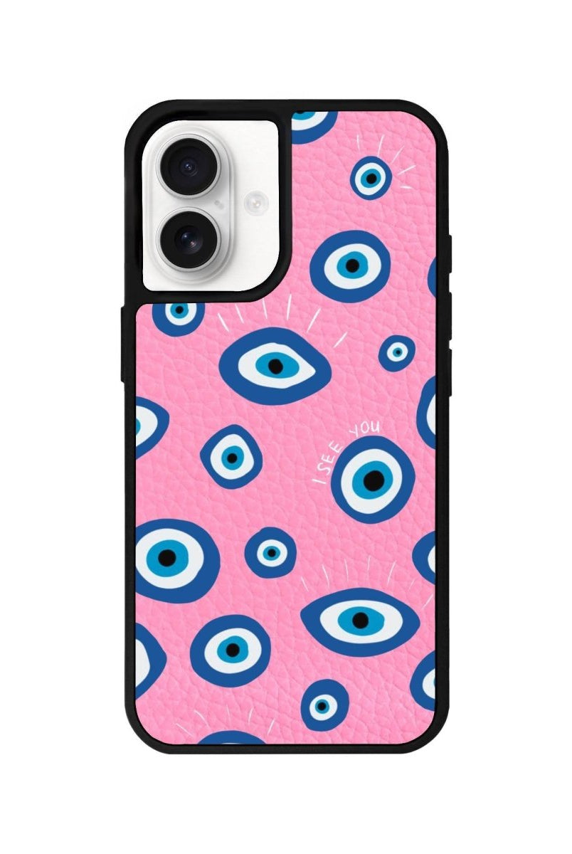 iPhone 16 I See You Leather Vegan Deri Telefon Kılıfı Pembe - SUMTHINCS