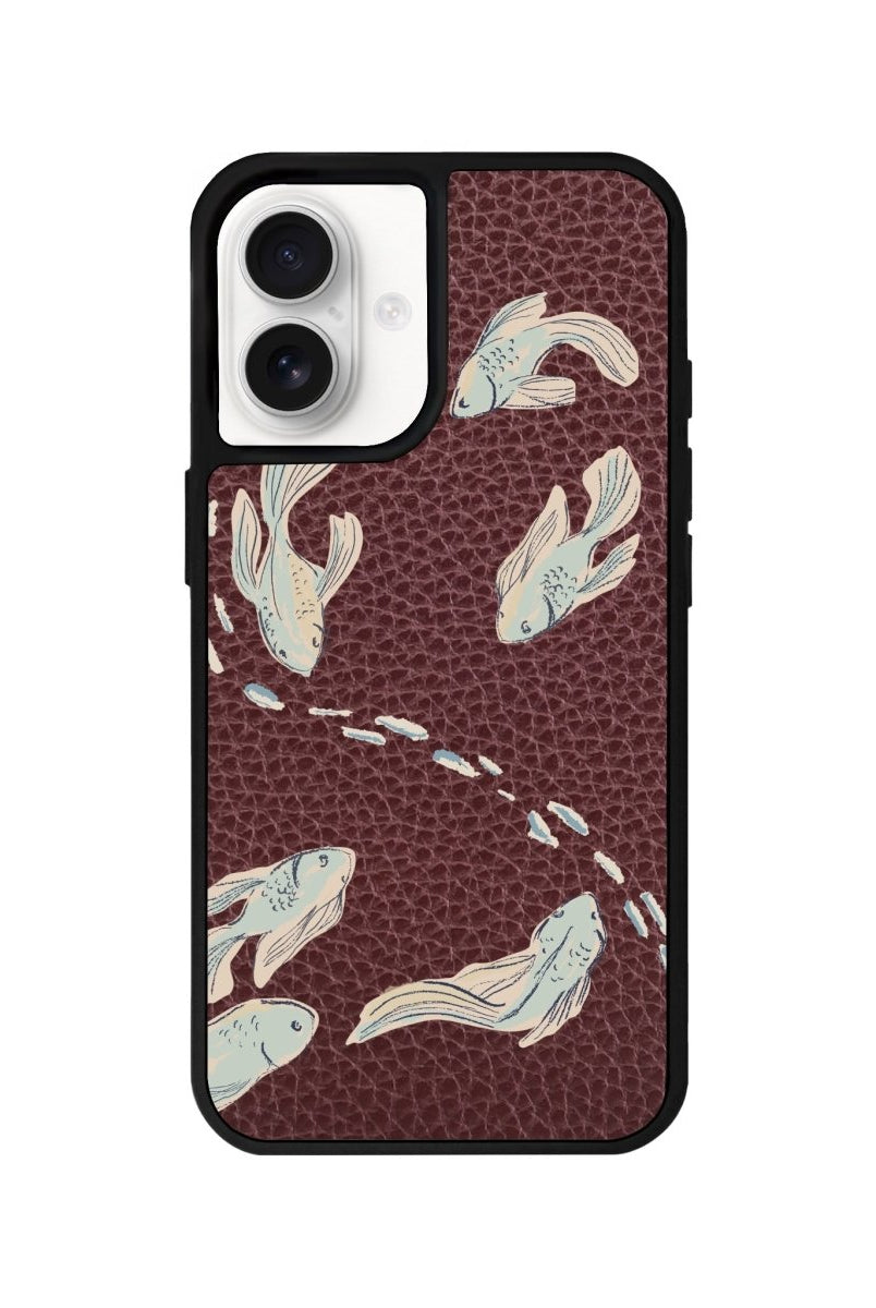 iPhone 16 Koi Fish Leather Vegan Deri Telefon Kılıfı Bordo - SUMTHINCS