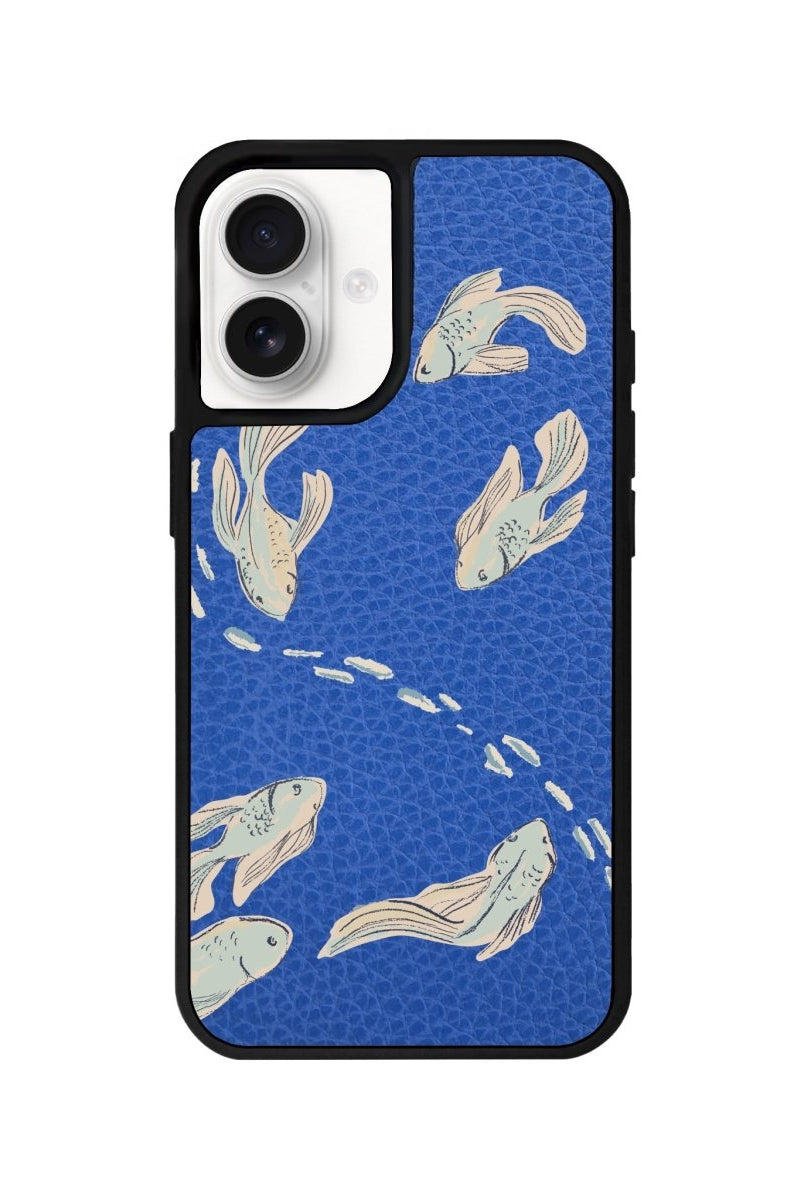 iPhone 16 Koi Fish Leather Vegan Deri Telefon Kılıfı Mavi - SUMTHINCS