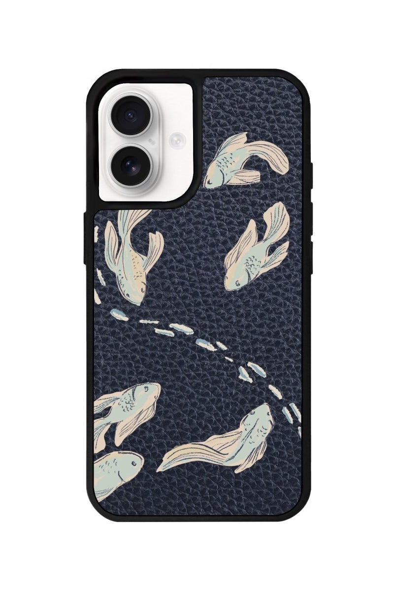 iPhone 16 Koi Fish Leather Vegan Deri Telefon Kılıfı Pasifik Mavi - SUMTHINCS