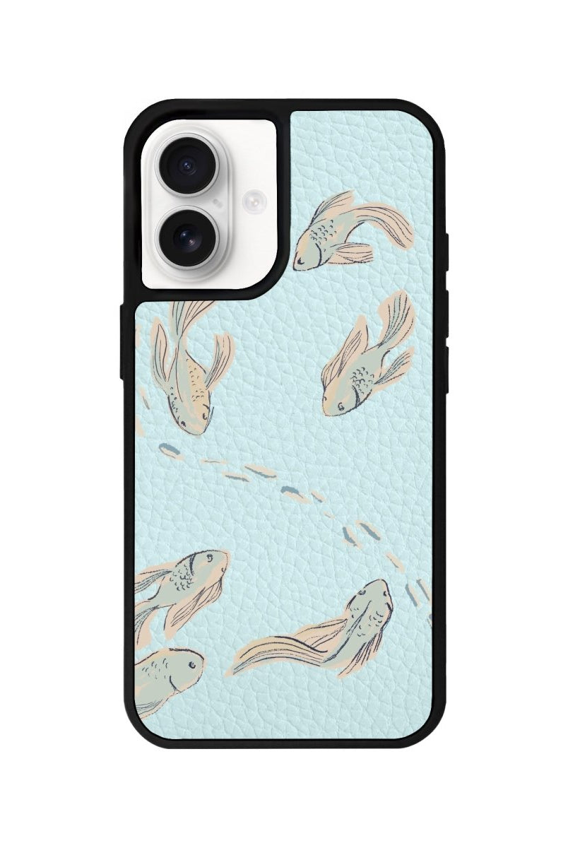 iPhone 16 Koi Fish Leather Vegan Deri Telefon Kılıfı Açık Mavi - SUMTHINCS