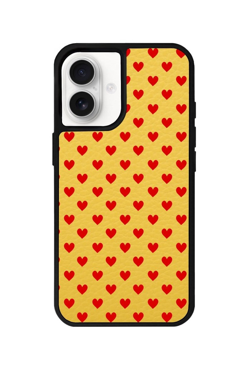 iPhone 16 Little Hearts Leather Vegan Deri Telefon Kılıfı Sarı - SUMTHINCS