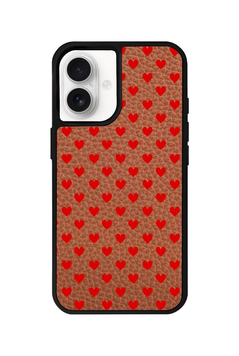 iPhone 16 Little Hearts Leather Vegan Deri Telefon Kılıfı Kahverengi - SUMTHINCS