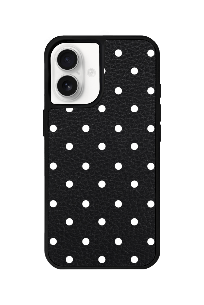 iPhone 16 Plus Polka Dot Leather Deri Telefon Kılıfı Siyah - SUMTHINCS