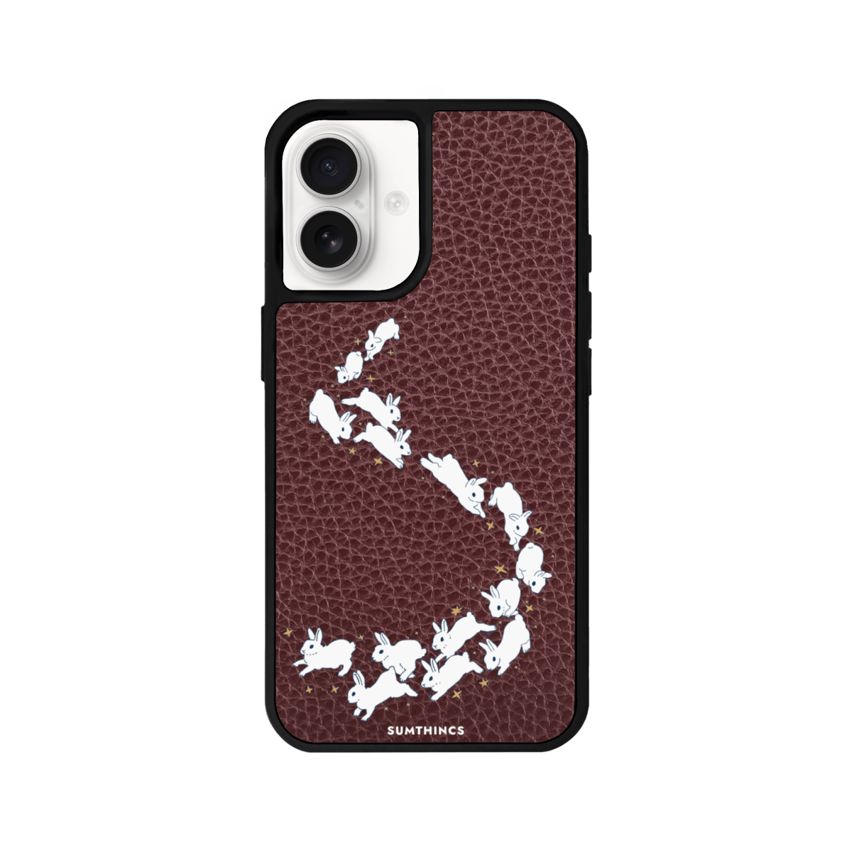 iPhone 16 Plus Starry Bunnies Leather Vegan Deri Telefon Kılıfı Bordo - SUMTHINCS