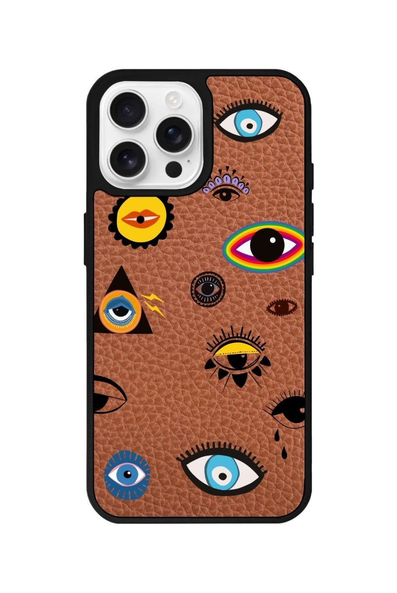 iPhone 16 Pro Eye Stickers Leather Vegan Deri Telefon Kılıfı Kahverengi - SUMTHINCS