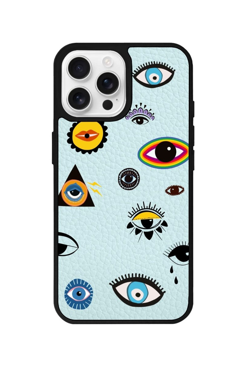 iPhone 16 Pro Eye Stickers Leather Vegan Deri Telefon Kılıfı Açık Mavi - SUMTHINCS