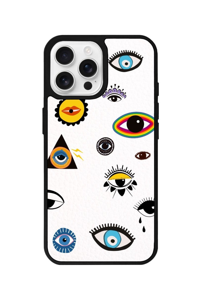 iPhone 16 Pro Eye Stickers Leather Vegan Deri Telefon Kılıfı Beyaz - SUMTHINCS