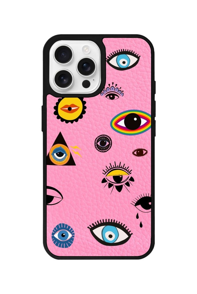 iPhone 16 Pro Eye Stickers Leather Vegan Deri Telefon Kılıfı Pembe - SUMTHINCS