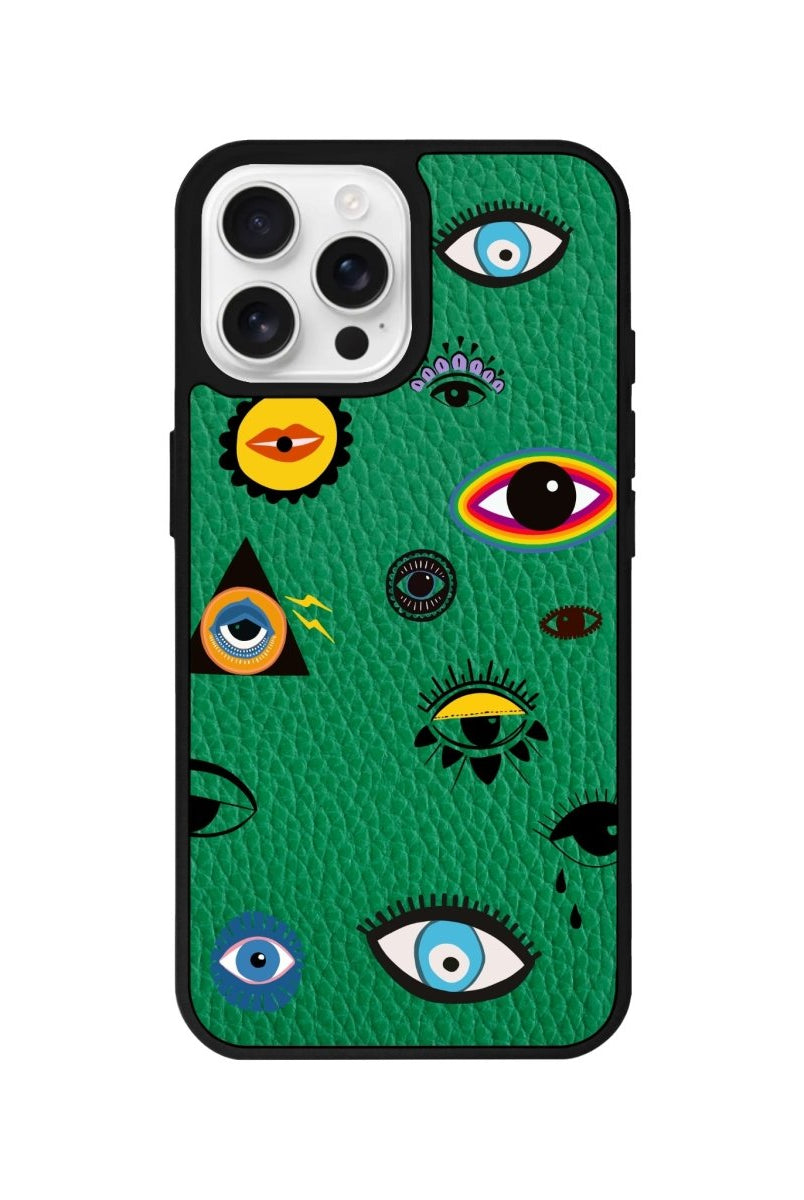 iPhone 16 Pro Eye Stickers Leather Vegan Deri Telefon Kılıfı Yeşil - SUMTHINCS