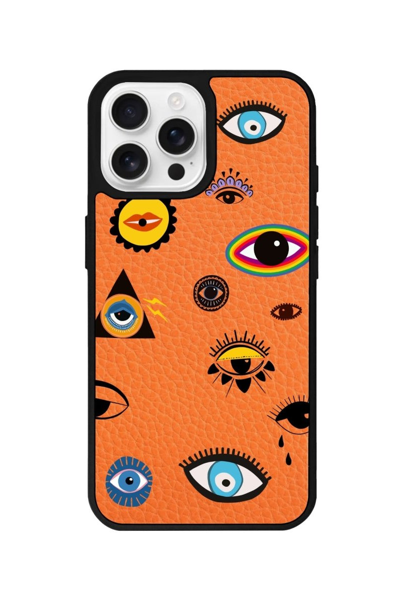 iPhone 16 Pro Eye Stickers Leather Vegan Deri Telefon Kılıfı Turuncu - SUMTHINCS