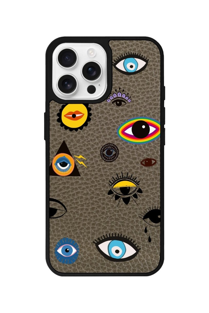 iPhone 16 Pro Eye Stickers Leather Vegan Deri Telefon Kılıfı Haki - SUMTHINCS