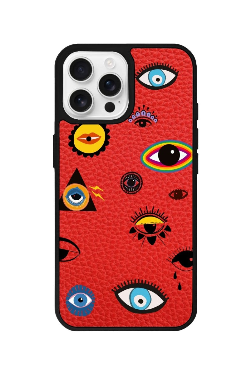 iPhone 16 Pro Eye Stickers Leather Vegan Deri Telefon Kılıfı Kırmızı - SUMTHINCS