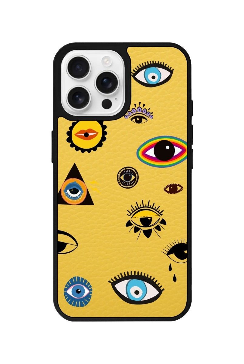 iPhone 16 Pro Eye Stickers Leather Vegan Deri Telefon Kılıfı Sarı - SUMTHINCS