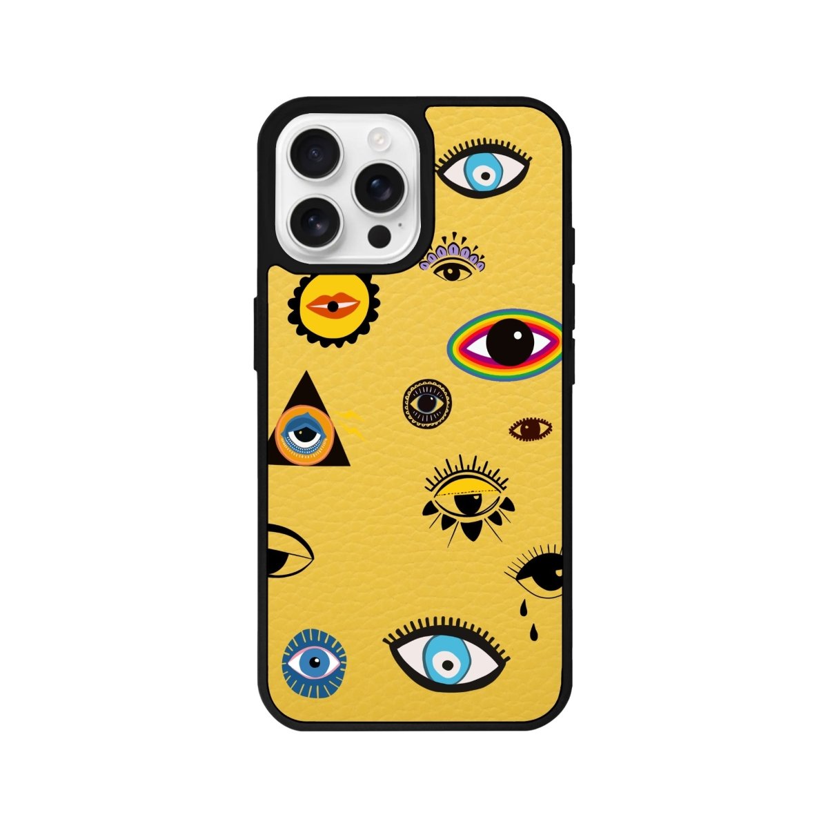iPhone 16 Pro Eye Stickers Leather Vegan Deri Telefon Kılıfı Sarı - SUMTHINCS