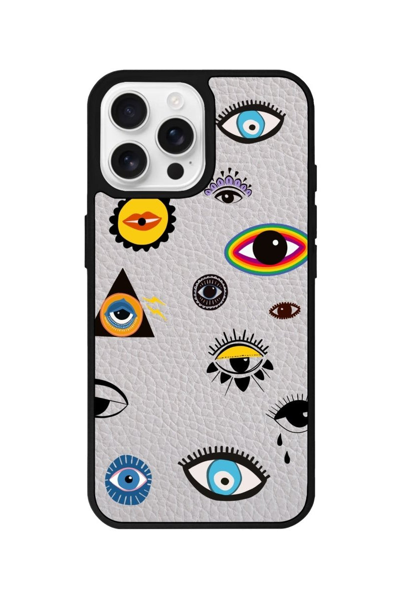 iPhone 16 Pro Eye Stickers Leather Vegan Deri Telefon Kılıfı Gri - SUMTHINCS
