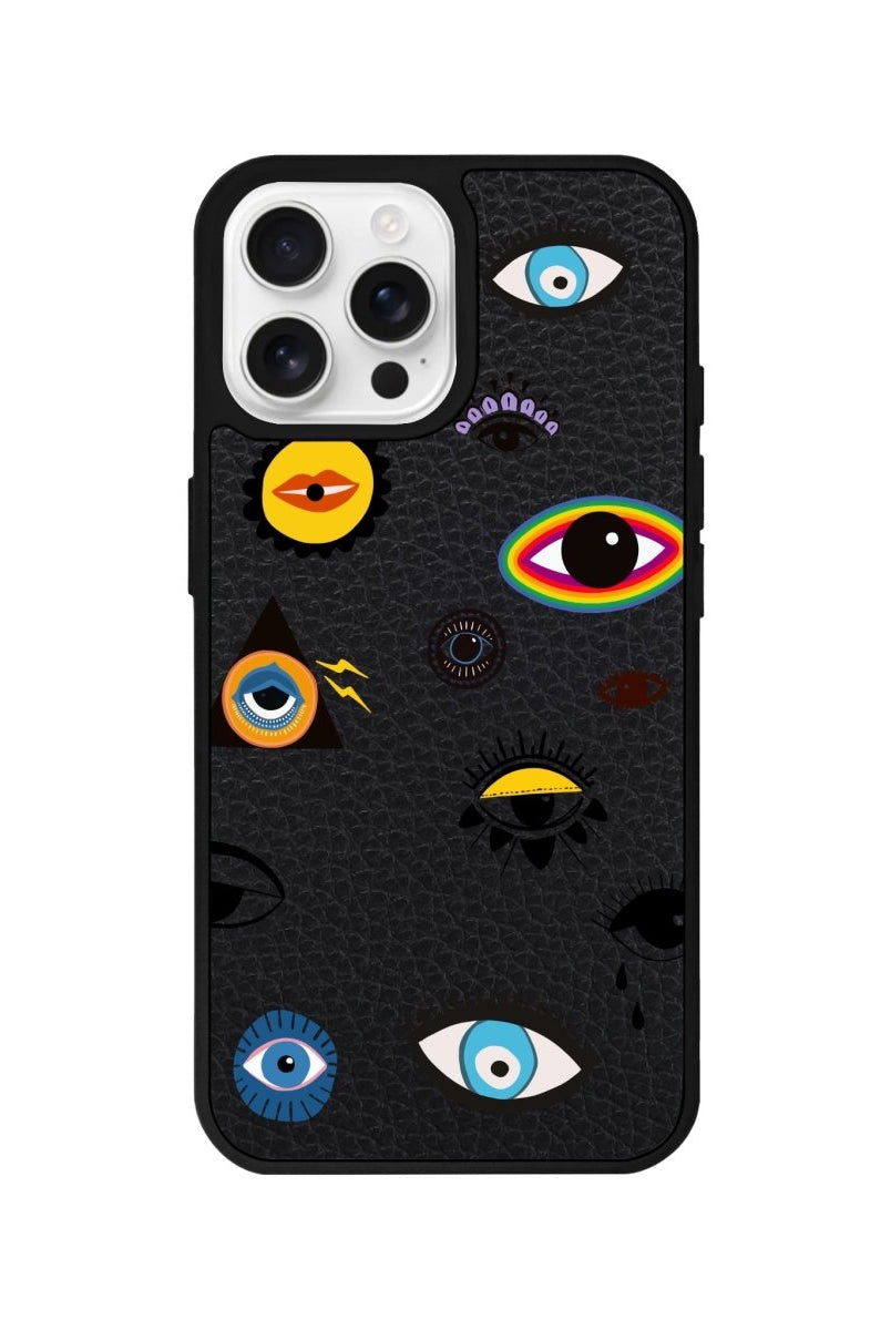 iPhone 16 Pro Eye Stickers Leather Vegan Deri Telefon Kılıfı Siyah - SUMTHINCS