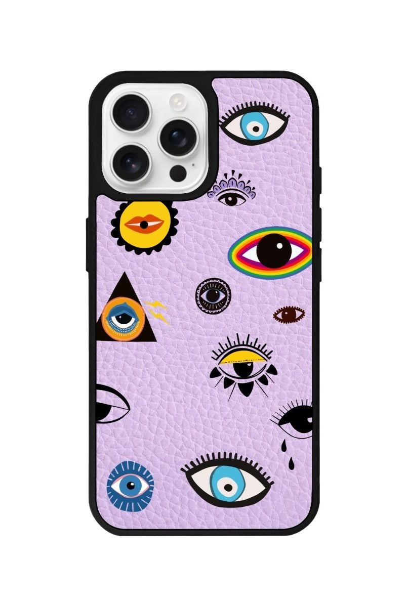 iPhone 16 Pro Eye Stickers Leather Vegan Deri Telefon Kılıfı Lila - SUMTHINCS