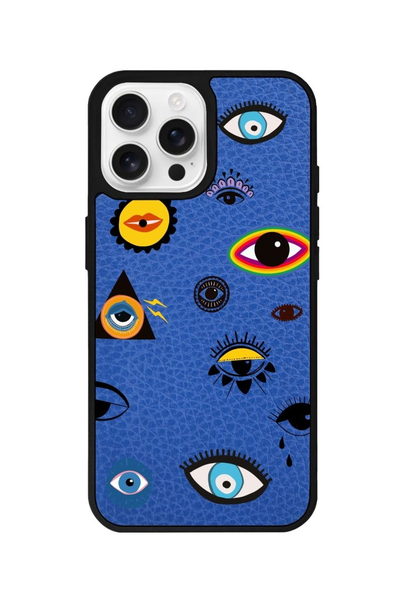 iPhone 16 Pro Eye Stickers Leather Vegan Deri Telefon Kılıfı Mavi - SUMTHINCS