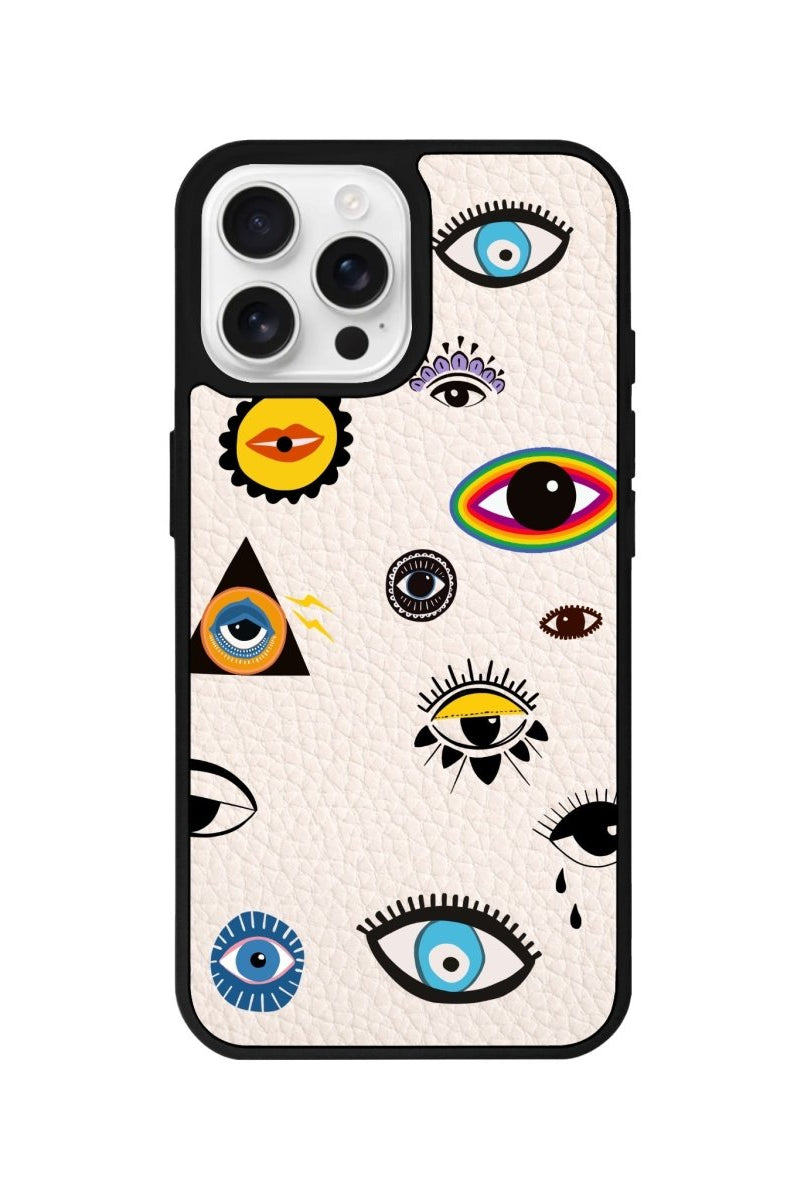 iPhone 16 Pro Eye Stickers Leather Vegan Deri Telefon Kılıfı Bej - SUMTHINCS