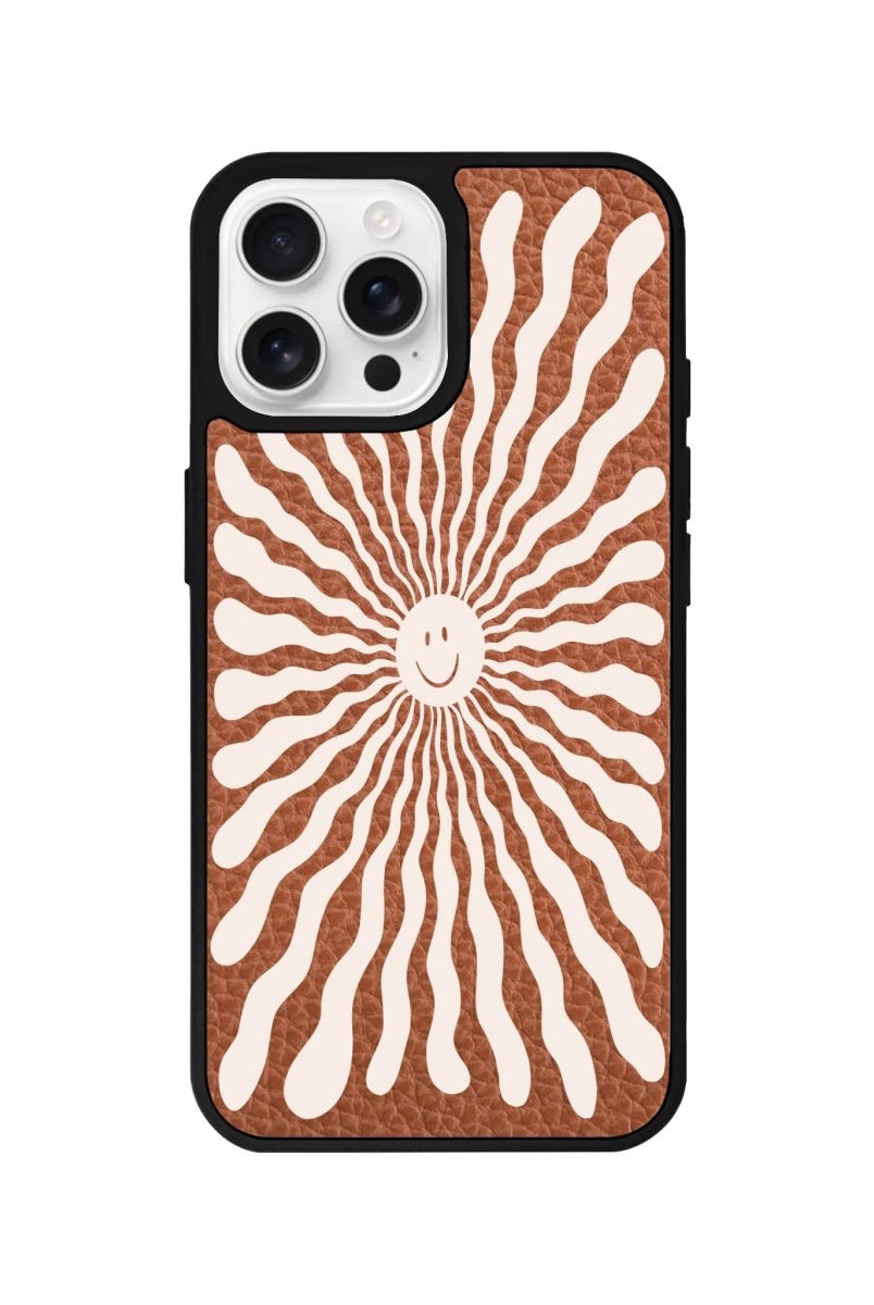 iPhone 16 Pro Happy Little Sun Leather Vegan Deri Telefon Kılıfı Kahverengi - SUMTHINCS
