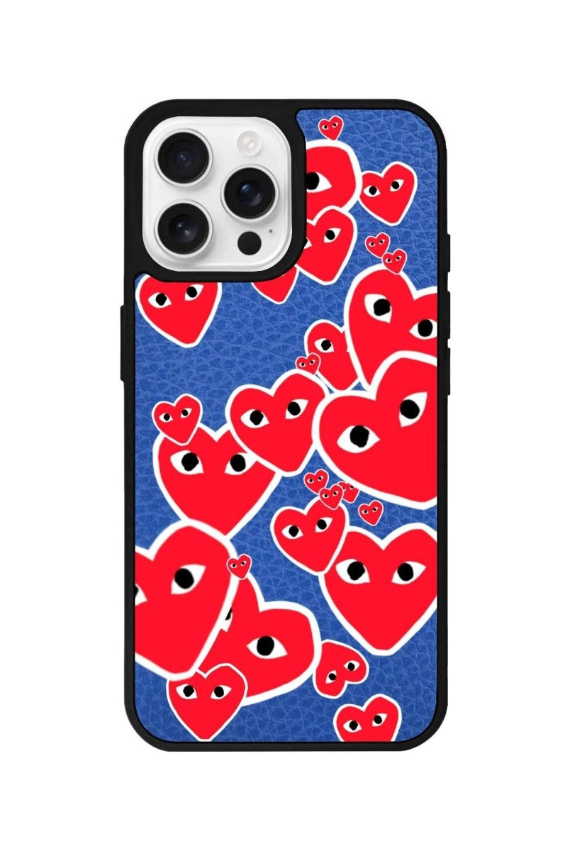 iPhone 16 Pro Hearts Leather Vegan Deri Telefon Kılıfı Mavi - SUMTHINCS