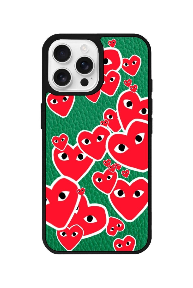 iPhone 16 Pro Hearts Leather Vegan Deri Telefon Kılıfı Yeşil - SUMTHINCS