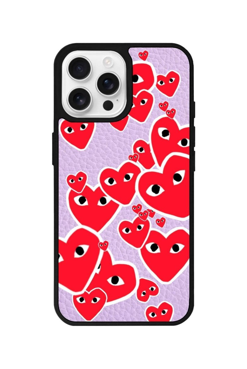 iPhone 16 Pro Hearts Leather Vegan Deri Telefon Kılıfı Lila - SUMTHINCS