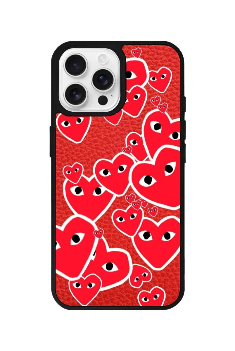 iPhone 16 Pro Hearts Leather Vegan Deri Telefon Kılıfı Kırmızı - SUMTHINCS