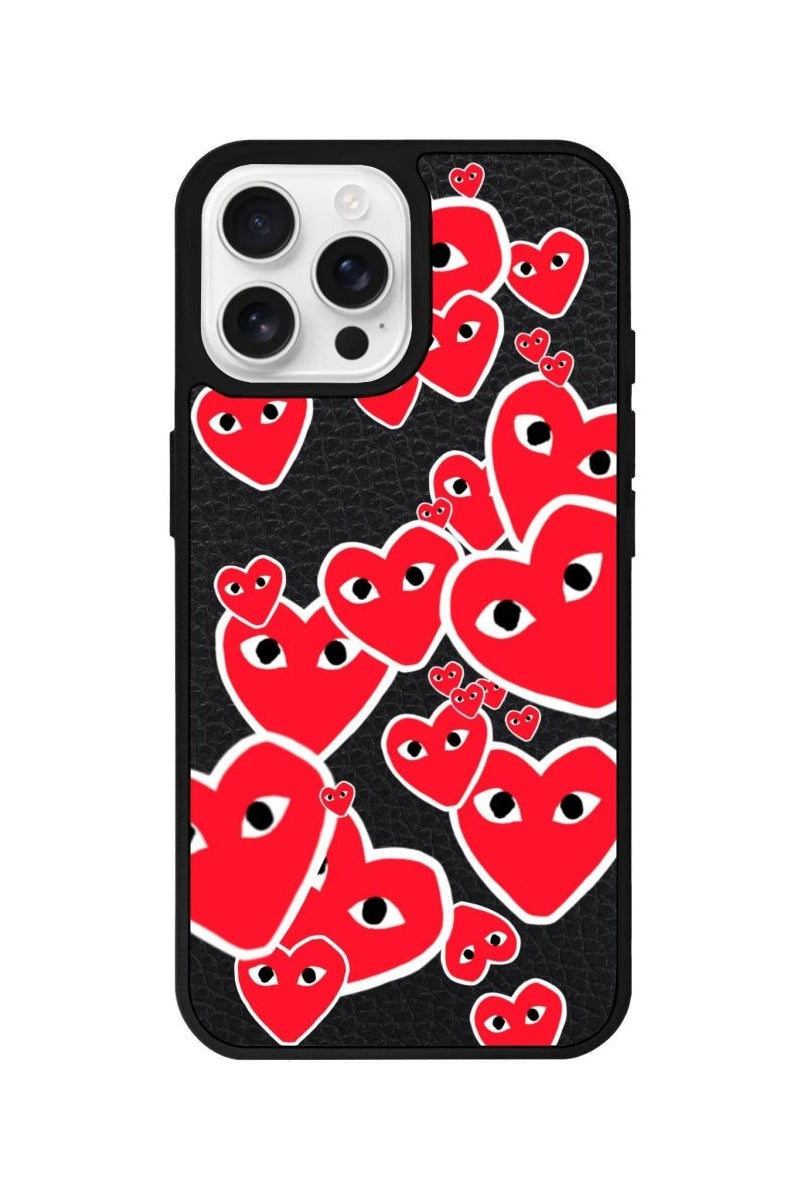 iPhone 16 Pro Hearts Leather Vegan Deri Telefon Kılıfı Siyah - SUMTHINCS